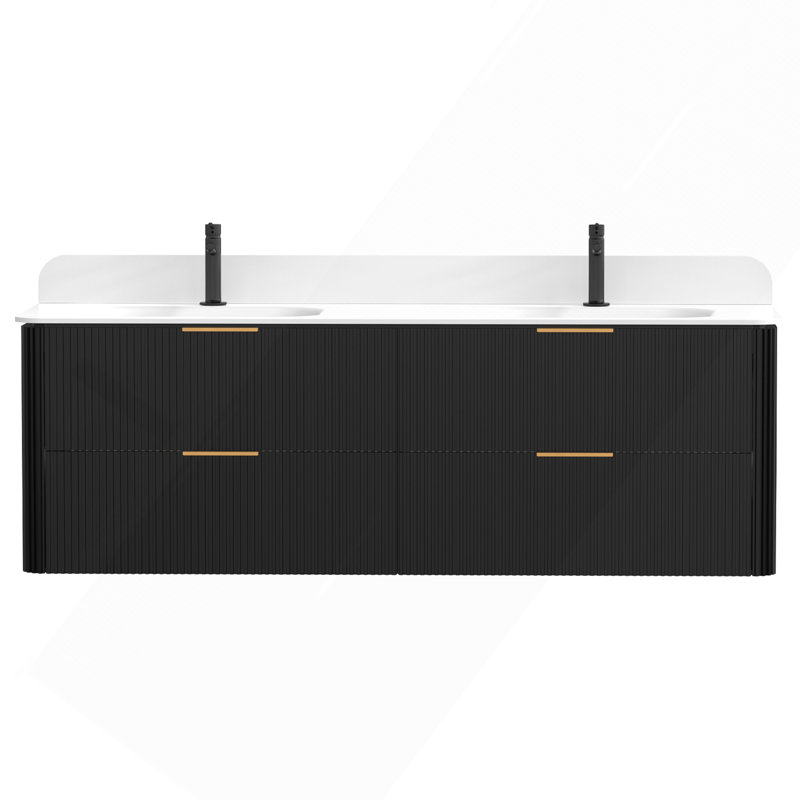Meuble-lavabo cannelé noir 60 po avec lavabo intégré et quincaillerie dorée, Black