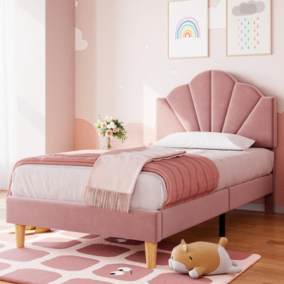 Velvet Upholstered Platform Bed Frame for Kids, Twin Size/Twin XL/ with Adjustable Headboard, Wood Slat Support