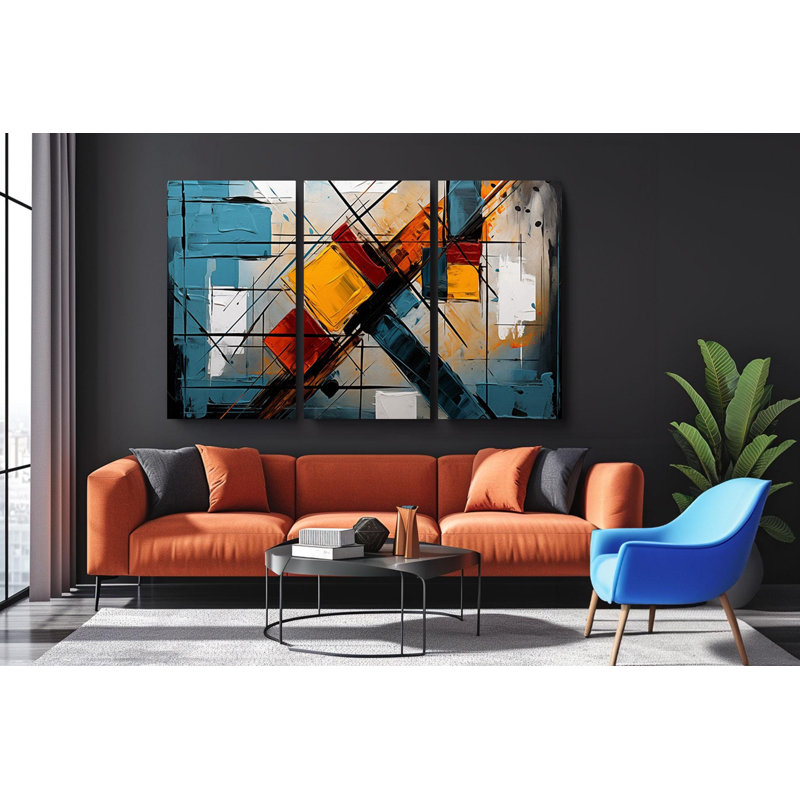 «Triptych», art mural sur toile - Triptyque abstrait géométrique moderne, peinture texturée «Bold Colorful» - Décoration murale contemporaine