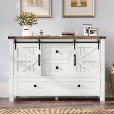 Dreavyn 47" Farmhouse Dresser with 2 Sliding Barn Doors&4 Drawers,White