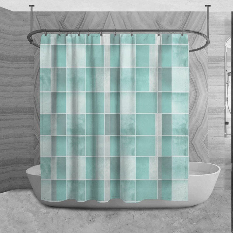 Rideau de douche à carreaux Shaima, H 73 po x l 70 po, Argent / turquoise