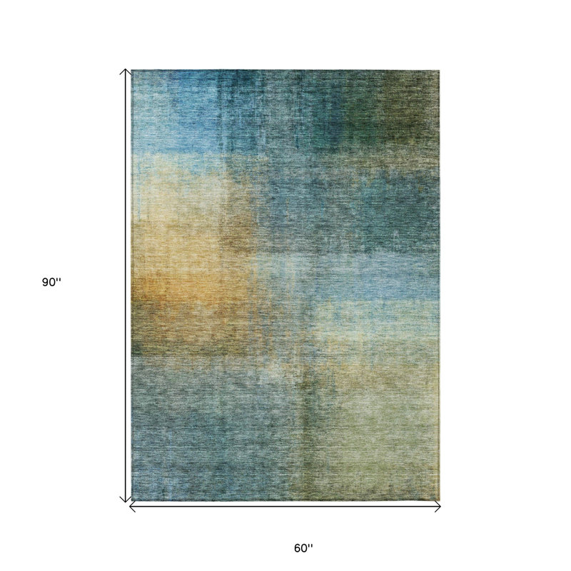 Tapis intérieur lavable abstrait bleu doré et vert 5 pi x 8 pi