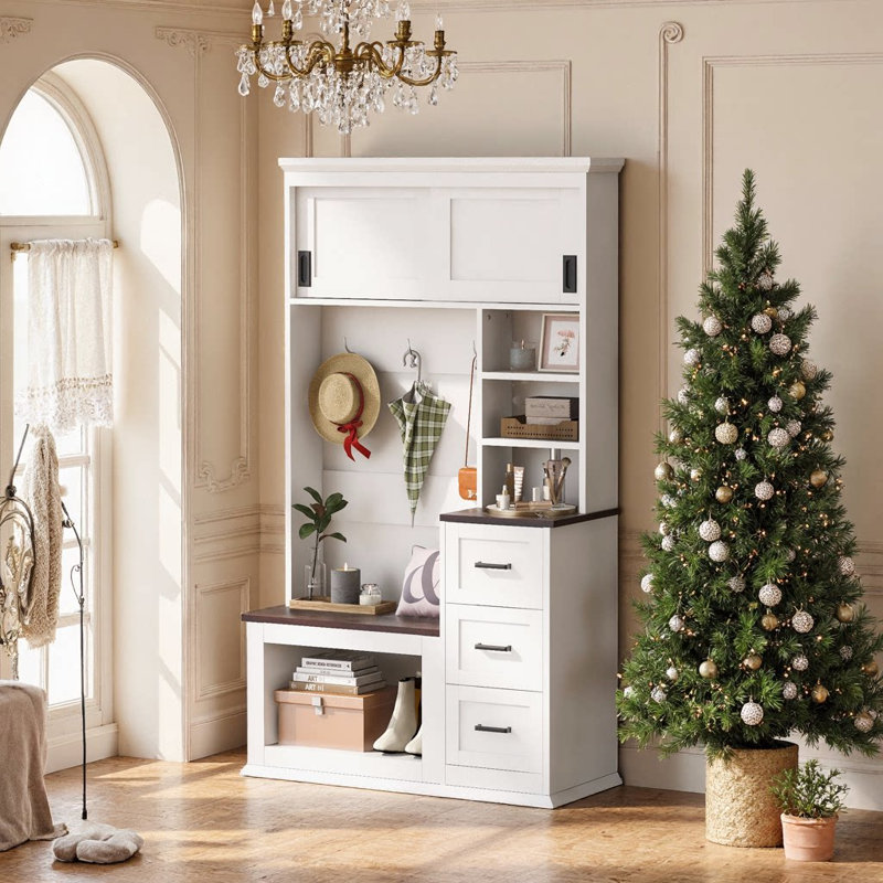 Storage Hall Tree For Home Organization,Entryway Bench With 3 Hooks, 3 Shelves & Drawers