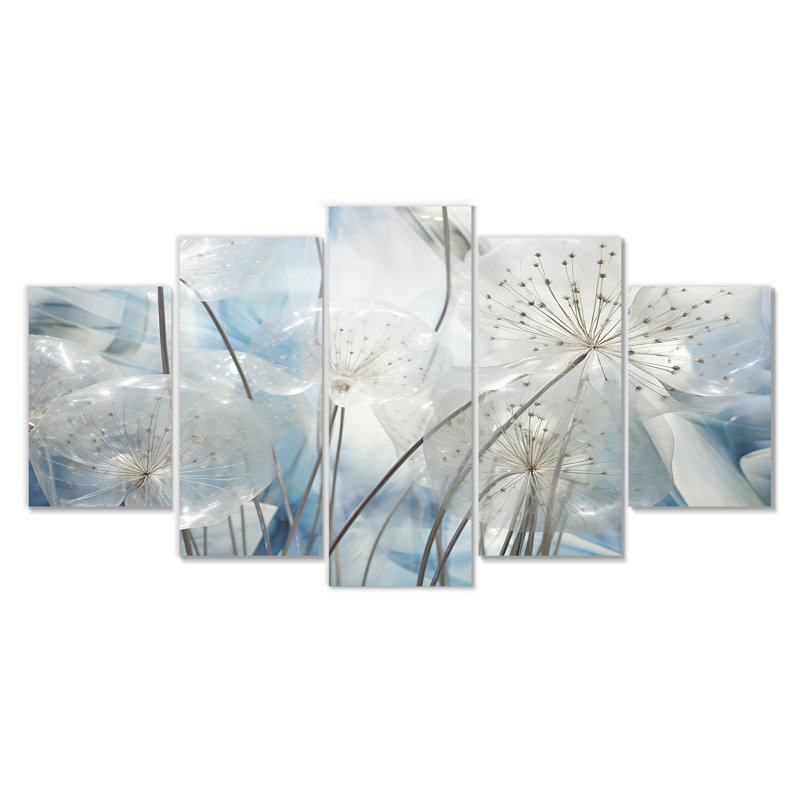 Sparkling Silver Dandelion Dreams I - Pissenlit, art mural pour le salon, 5 pièces