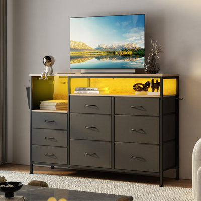 Commode à DEL pour téléviseur de 45, 50, 55 pouces, centre de divertissement avec lumières DEL et station de charge, commode à meuble télé pour chambre à coucher avec 9 tiroirs en tissu et tablettes ouvertes