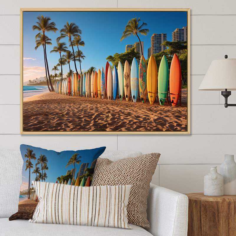 Truitts Hawaii Surfers Paradise - Art mural d'Hawaï, H 30 po x l 40 po x P 1,5 po, Cadre flottant érable