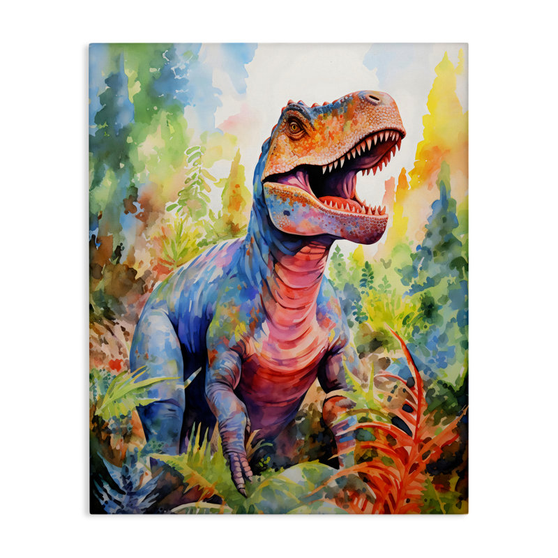 Dinosaure T-Rex coloré dans une toile de la jungle, design par Creative Studio, H 20 po x l 16 po