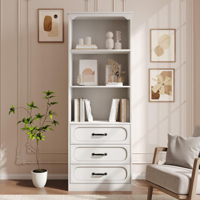 Modern Farmhouse Tall Bookshelf with Adjustable Shelves and 3 Drawers - 5-Tier Wooden Bookcase for Home Office, Living Room, or Kitchen Pantry Storage - Floor Standing Organizer, White
