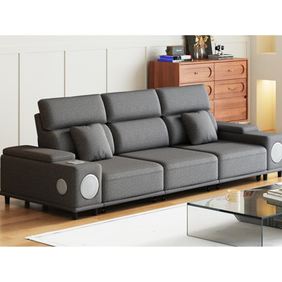 Canapé inclinable électrique à 3 places avec système audio, recharge sans fil et 2 espaces de rangement, siège à fermeté moyenne, revêtement pour fauteuil inclinable, audio, compartiments, bois d'eucalyptus