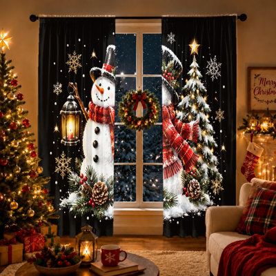 2Pcs Christmas Snowman Tree Curtains, Winter Holiday Rod Pocket Light Filtering Window Drapes for Living Room Bedroom Kitchen Indoor Outdoor Decor, Festive Home Decor and Accessories