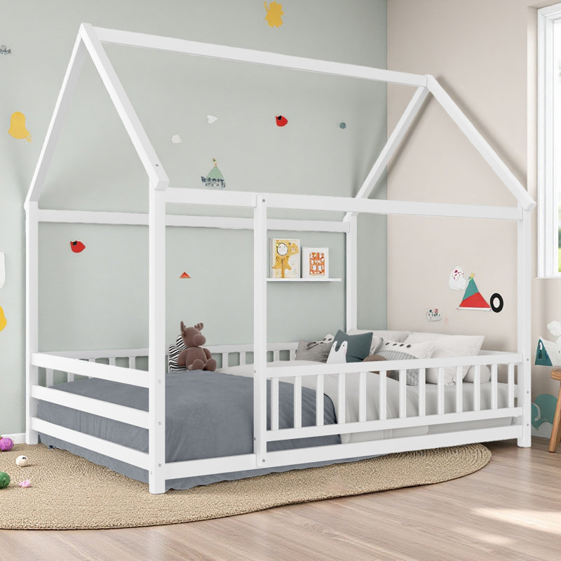 Floor Wooden Bed With House Roof Frame, Fence Guardrails, White, Full