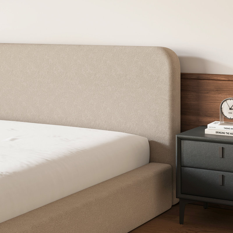Lit plateforme tapissier grand beige avec support à lattes, aucun sommier nécessaire, lit à profil bas moderne et silencieux