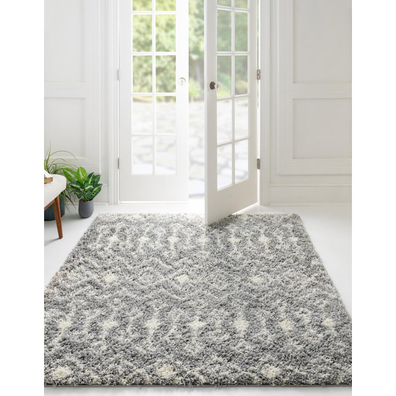 Tapis à poil long gris treillis Griego, Carré 7 pi 10 po