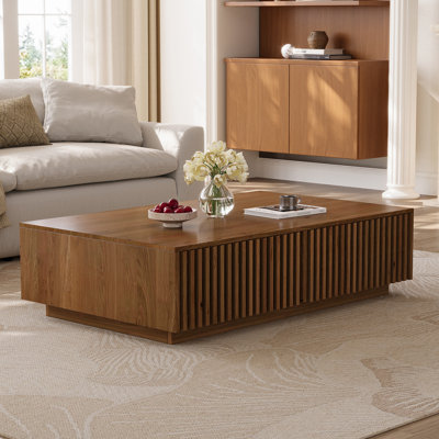 Mid Century Modern Solid Wood Coffee Table with Slatted Storage Drawers, Rectangular Low Profile Wooden Cocktail Table, Farmhouse Hidden Storage Cente