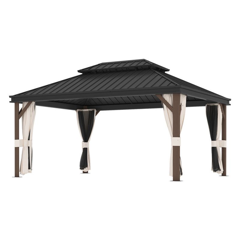 12 x 16ft Hardtop Aluminum Gazebo with Double-Layer Steel Roof - Wood Grain Outdoor Gazebo for Garden, Patio & Backyard