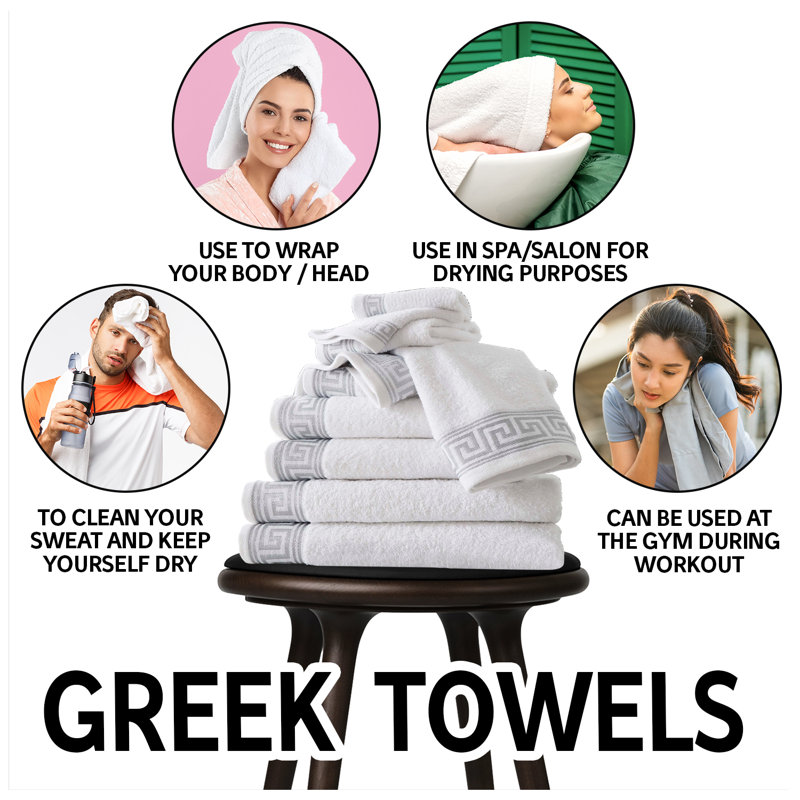 8 Piece Greek Towel Bale Set - Egyptian Cotton Luxury Soft & Quick Dry Towelette, 4 Face, 2 Hand and 2 Bath Towels Set, White