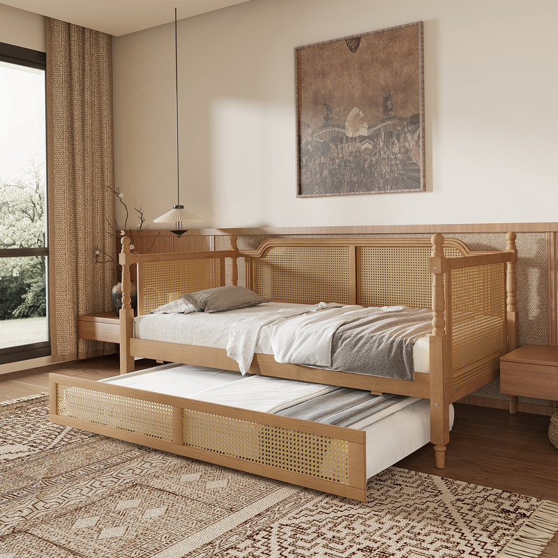 Lit de jour en rotin avec couchette, Complet/Double, Noyer