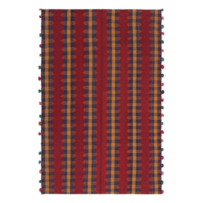 Vintage Qashqai  Kilim In Red With Navy Blue And Brown Stripes - Rug & Kilim