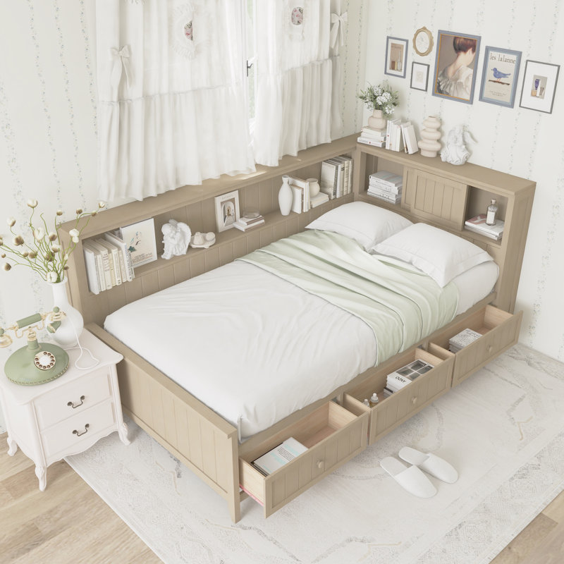 Lit de jour en bois avec tablettes de rangement, 3 tiroirs et 2 portes coulissantes, Lit simple