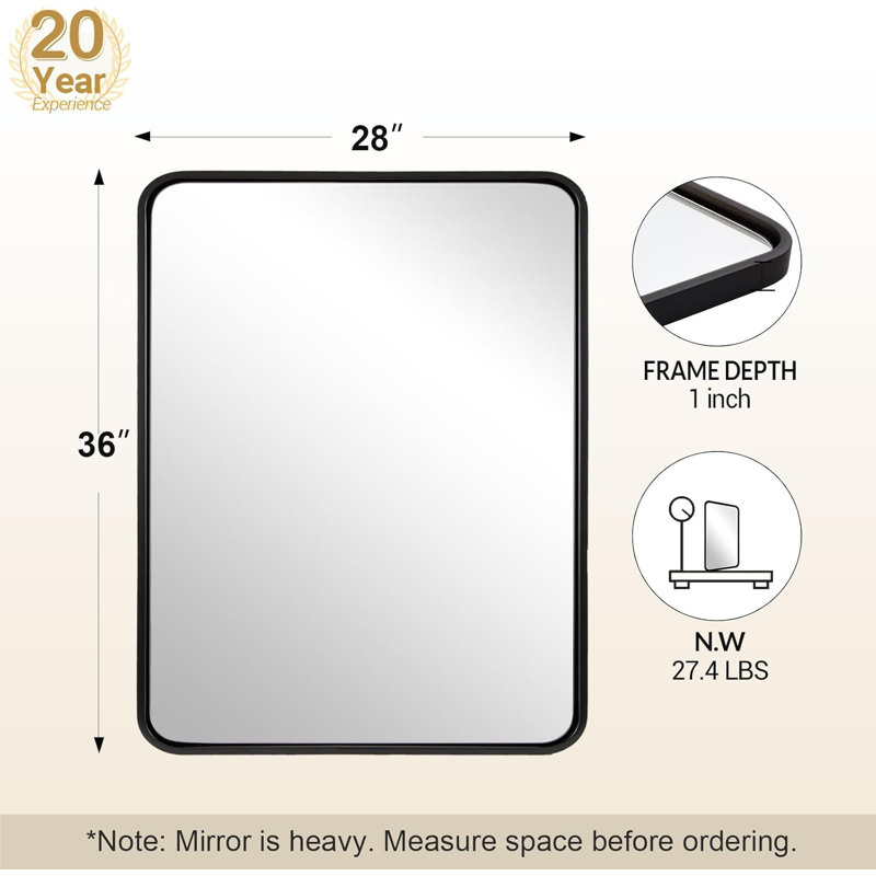 Miroir de salle de bain rectangulaire contemporain | Cadre épais en acier inoxydable, 36 po x 28 po, Noir mat