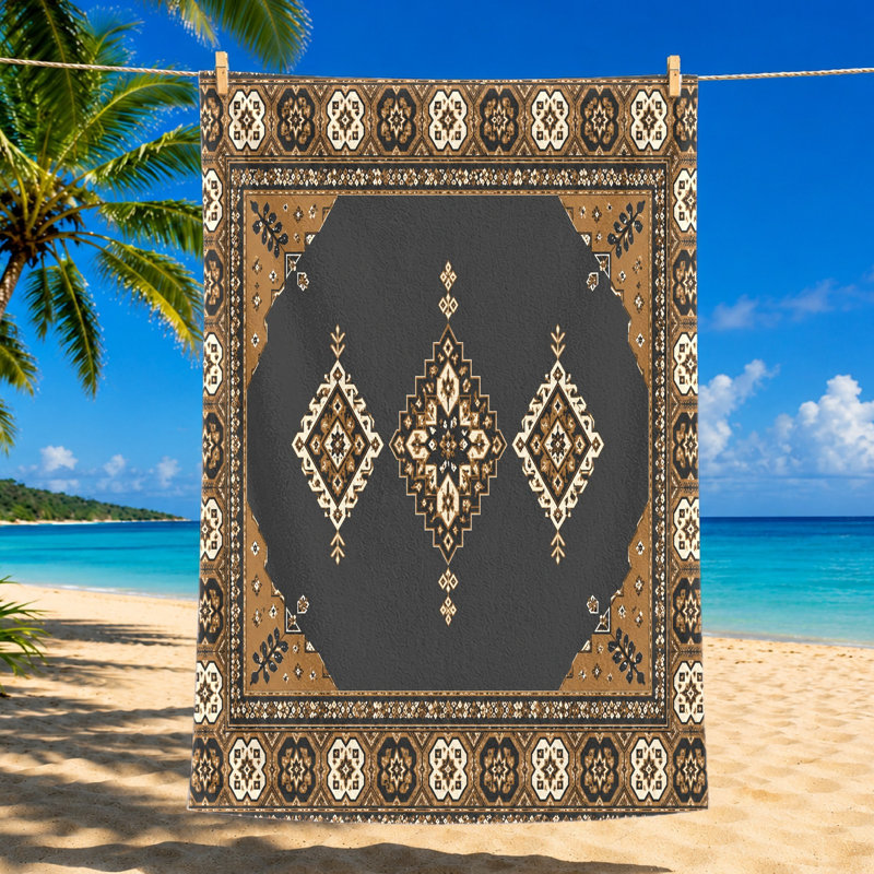 1 pièce de serviette de plage Boho rétro, avec des motifs géométriques complexes en brun, crème et gris avec une bordure détaillée. Grande microfibre, parfaite pour le pique-nique, les voyages, le camping et le unisexe.
