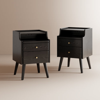 Set Of 2 Narrow Solid Wood Nightstands With 2 Drawers Each