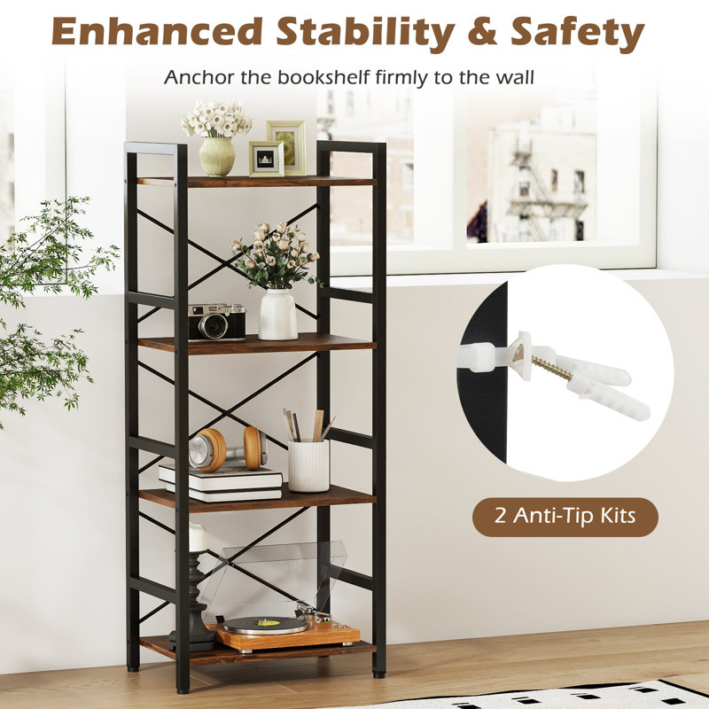 1 bibliothèque à 3 niveaux avec structure en métal et supports de rangement en bois pour le bureau, brun rustique et noir
