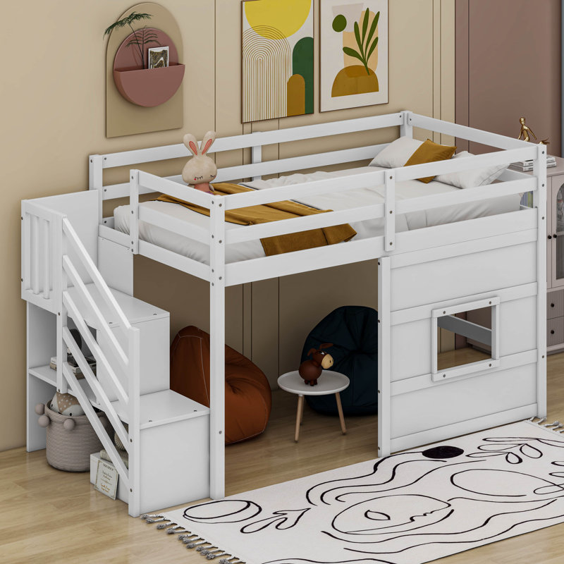 Hanzelin Twin Size Loft Bed with Storage Staircase and Window, White