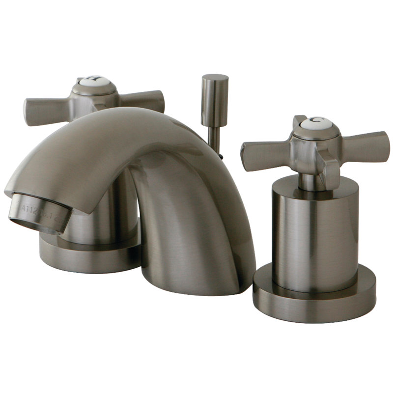 Kingston Brass Millennium Two-Handle 3-Hole Deck Mount Mini-Widespread Bathroom Faucet with Brass Pop-Up, Brushed Nickel
