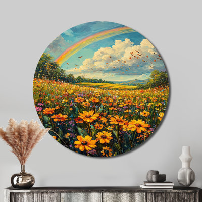 «Rainbow Over The Meadow II», reproduction d'art en métal jaune traditionnel, art mural rond en métal arc-en-ciel