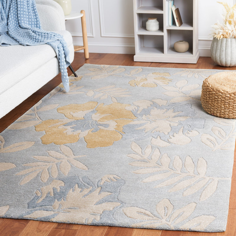 Freda Floral Handmade Tufted Wool Blue Area Rug, Rectangle 5' x 8'