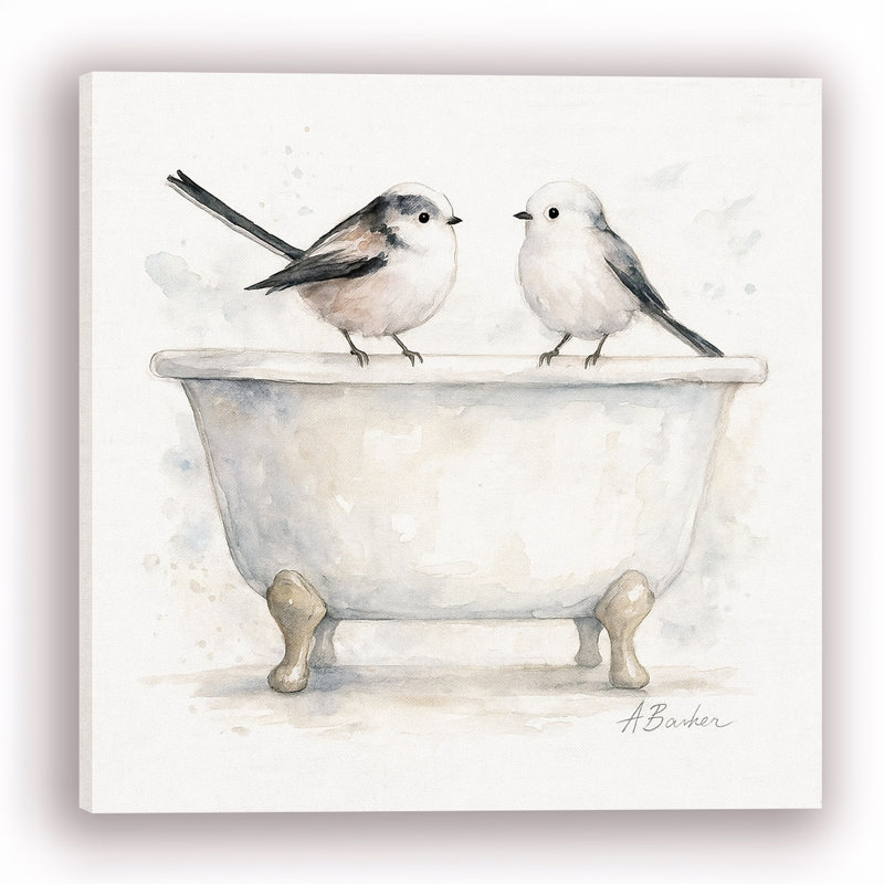 Reproduction sur toile tendue, "Tweeter & Tidy - Bath Time Birds", H 20 po x l 20 po