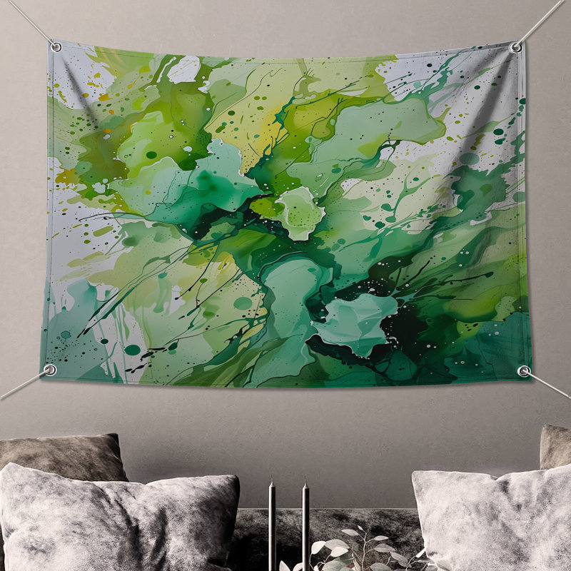 Tapisserie murale «Green Splash» - Décoration murale abstraite, 68in H x80in W with 4 Grommets
