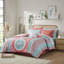 Couette Twin XL - Motif médaillon corail, microfibre, taie d'oreiller incluse, imprimé corail, douce, bordure brodée, drap plat