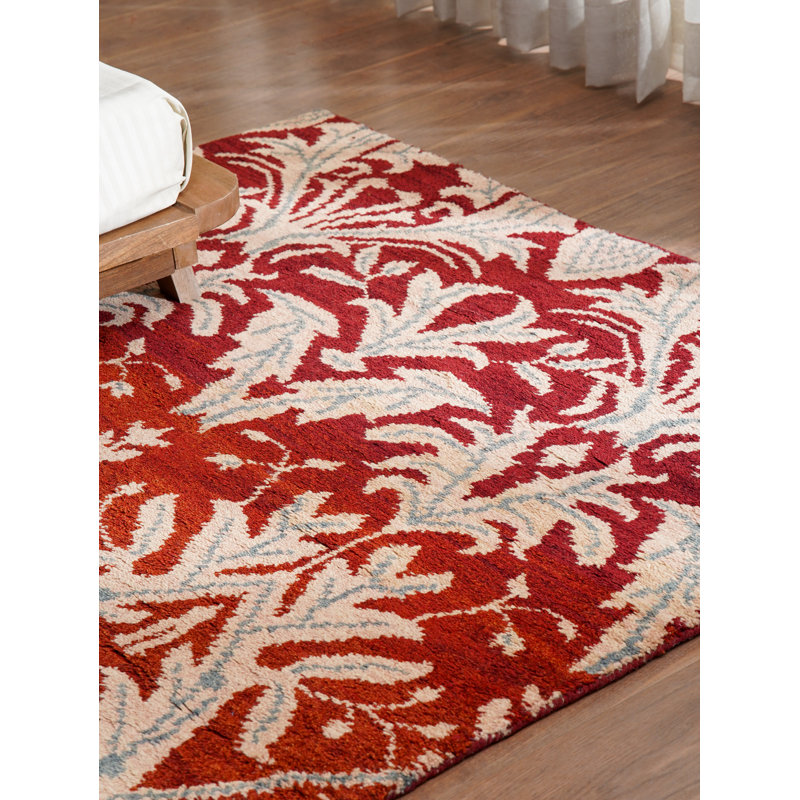 Red | Gold Wool Handmade Floral Hand Knotted Rectangle Indoor Area Rug, Rectangle 6' x 9'