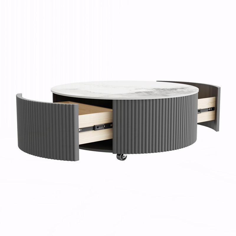 Table basse ronde moderne mobile avec roulettes, 2 tiroirs, White / Grey