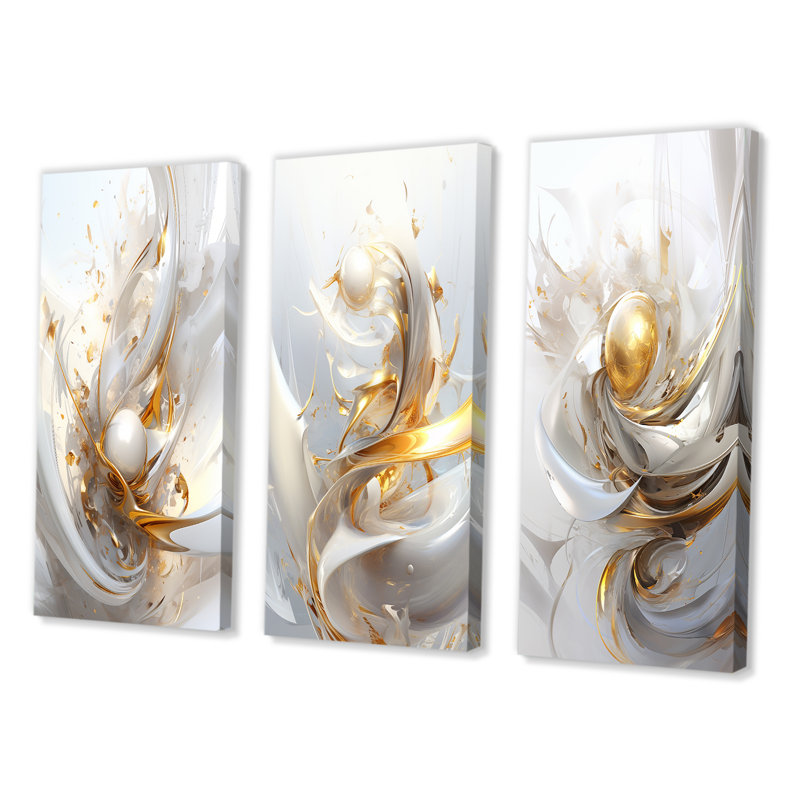 «Fractal Gold Sphere On White», 3 pièces sur toile, H 32 po x l 48 po, Toile tendue
