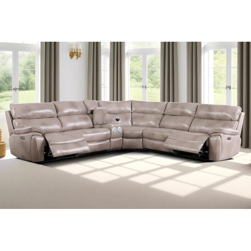 6-Piece Genuine Top Grain Cowhide Leather Power Reclining Sectional With Bluetooth Speaker And Multifunction Console Station