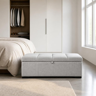 Banc de rangement rembourré avec compartiment caché spacieux, siège rembourré en lin multifonctionnel, structure en bois d'ingénierie robuste, repose-pieds en tissu résistant aux déchirures et couvercle facile à soulever