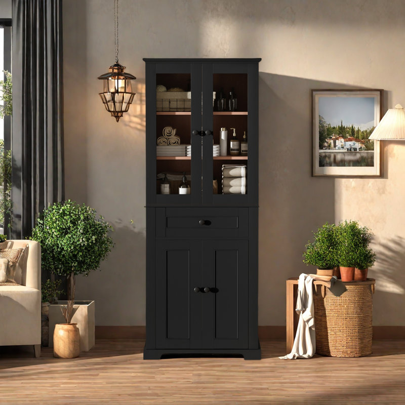 Armoire de rangement de 67,2 po de hauteur avec portes en verre trempé, tablettes réglables et tiroir - tour à linge autoportante moderne, conception à fermeture en douceur