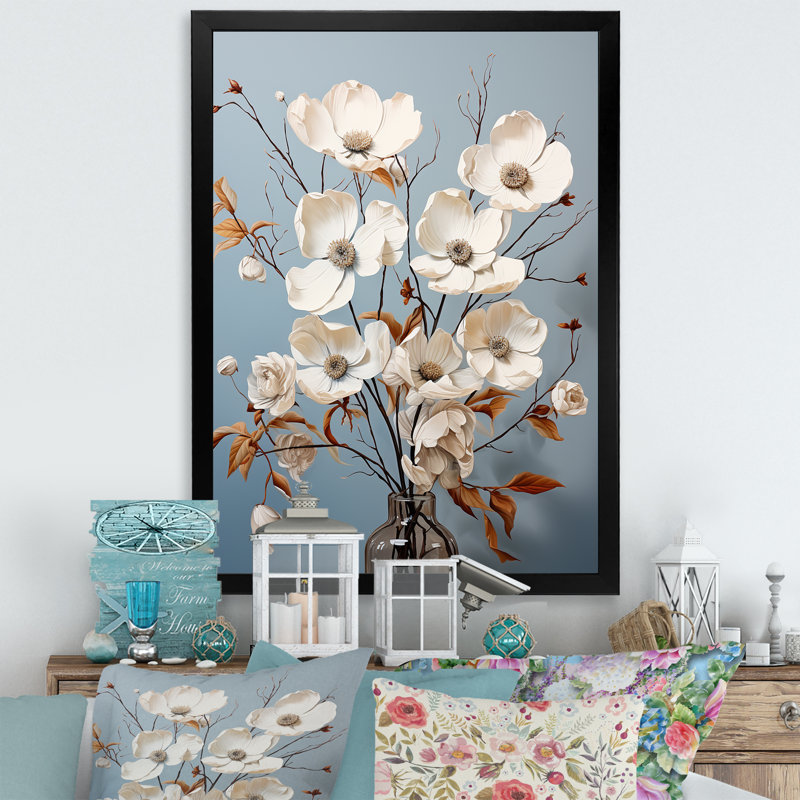 Cornouiller blanc qui fleurit tranquillité sur toile, Cadre simple noir, H 32 po x l 24 po x P 1 po