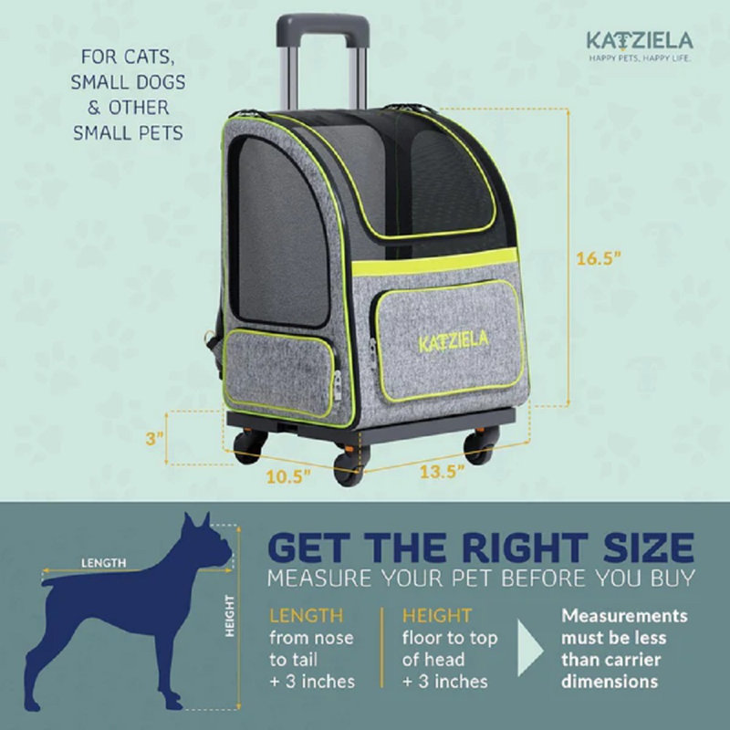 Gray and Green Soft-Sided Rolling Pet Carrier Backpack