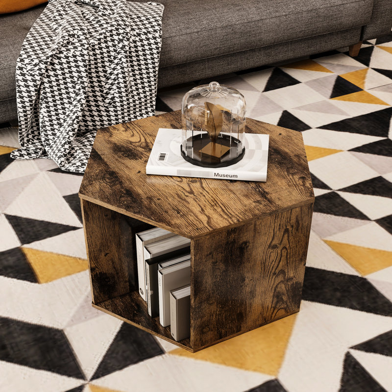 Table basse hexagonale au fini bois antique, vaste espace de rangement, conception, assemblage simple pour diverses applications, rangement spacieux, style tendance, facilité de fabrication