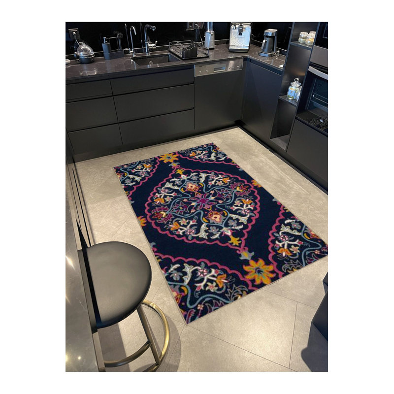 Tapis décoratif bleu marine à motif floral, Sous-tapis carré 3 pi 3 po inclus