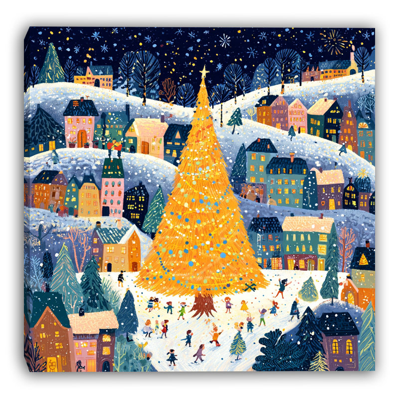 «Snowy Square Golden Tree», art mural sur toile tendue, H 40 po x l 40 po