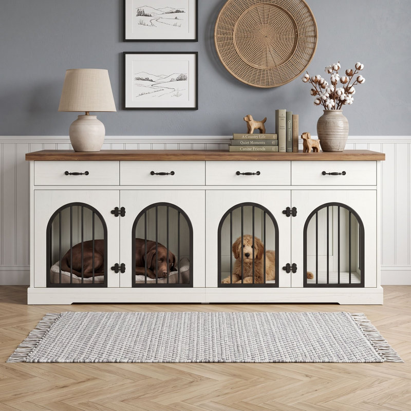 Grande cage intérieure pour chien avec porte de séparation amovible, 4 tiroirs de rangement et table de présentation à plateau