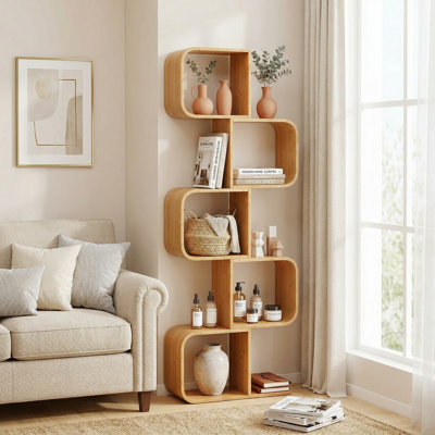 5-Tier S-Shaped Freestanding Bookcase, 5 Spacious Open Storage Cubes & Anti-Tipping Design, Waterproof Scratch-Resistant Finish, Fits Living Room, Study, Office