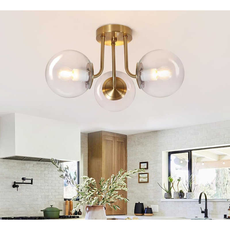 Gold and Clear Glass Globe 3-Light Semi Flush Mount Ceiling Fixture