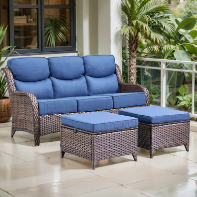 Deb 70.9" W Wicker Sofa with 6" D Cushions and Ottomans