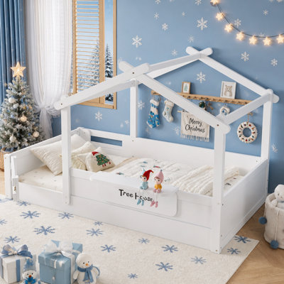 Lit simple en forme de maison avec garde-corps, plateau intégré et panneau personnalisable pour enfants, blanc